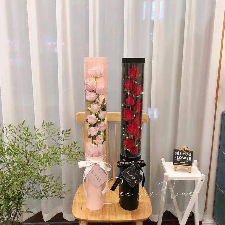 Custom Rose Box Self Erecting with Tube Larger Clear Window Recycled Materials UV Coating Matt Lamination for Festive Packaging