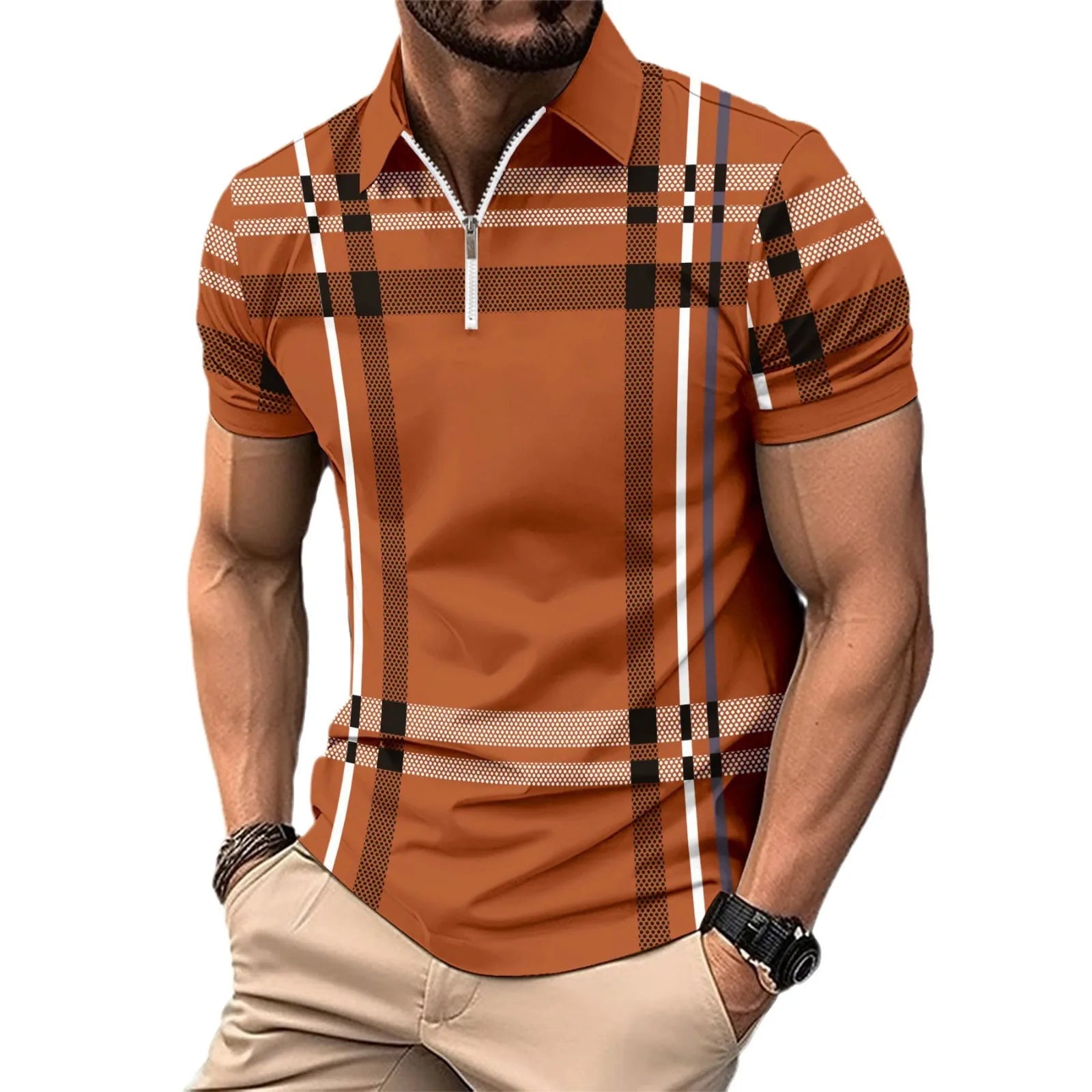2025 Cross-border Men's Printed Plaid Striped Zipper Sport Polo Shirt With Logo