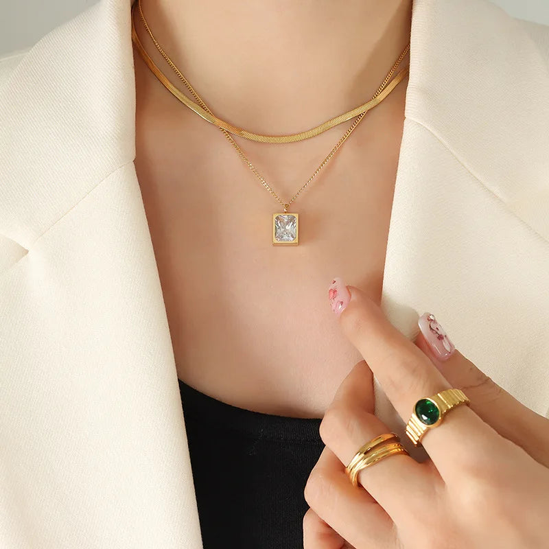 French Style Double Layer Stainless Steel 18K Gold Plated Jewelry Snake Chain Square Cubic Zirconia Pendant Necklace