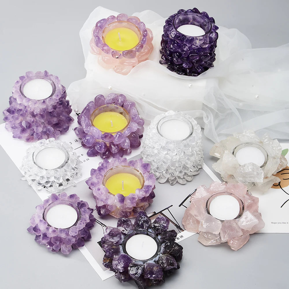 Healing Rose Quartz Crystal Candlestick Feishui Home Decor Spiritual Gemstone Amethyst Wedding Candle Holder Decor Room Crafts