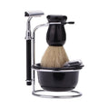 Wholesale Luxury Men's Personalized Pro 4-in-1 Shaving Brush Set with Plastic Wood Grain Shaving Stand