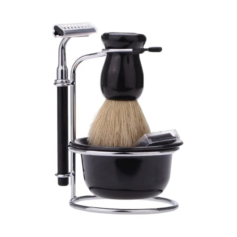 Wholesale Luxury Men's Personalized Pro 4-in-1 Shaving Brush Set with Plastic Wood Grain Shaving Stand