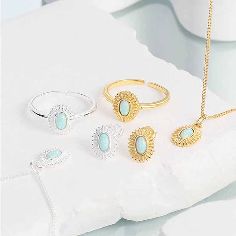Popular 925 Sterling Silver Bezel Setting Oval Opal Flower Charm Necklace/Earrings/Ring Set for Women Wholesale