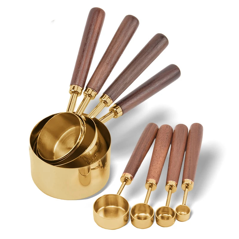 Kitchen Accessories 8 Pcs Stainless Steel Gold Copper Measuring Cups and Spoons Set With Acacia Wooden Handle