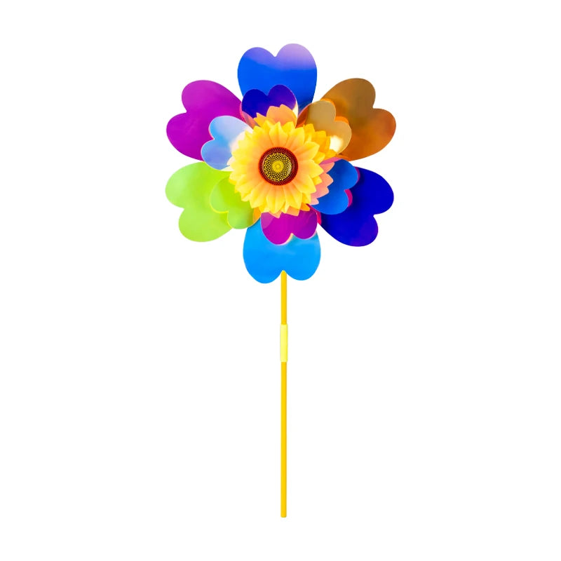Shining Windmill Rainbow Sunflower Pinwheel Outdoor Toys Garden and Children Party Decoration Sparkling Wooden Windmill for Kids