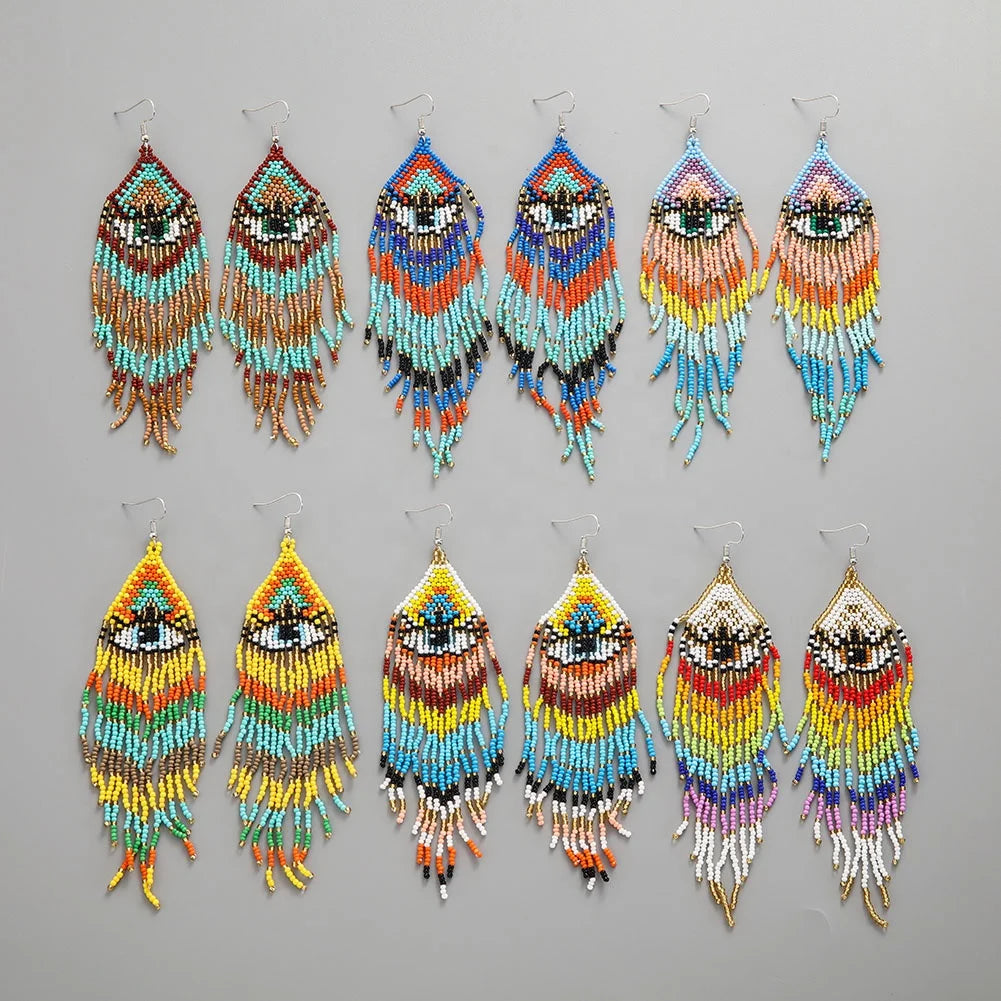 Boho Chic Miyuki Seed Beaded Evil Eyes Charms Trendy Women's Earrings with Geometric Tassel for Weddings and Gifts