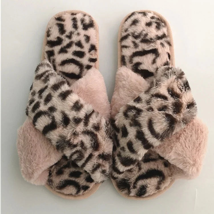 Ladies' Warm Indoor Fluffy Faux Leopard Print Sandals Soft Plush Size Cross Strap for Slippers