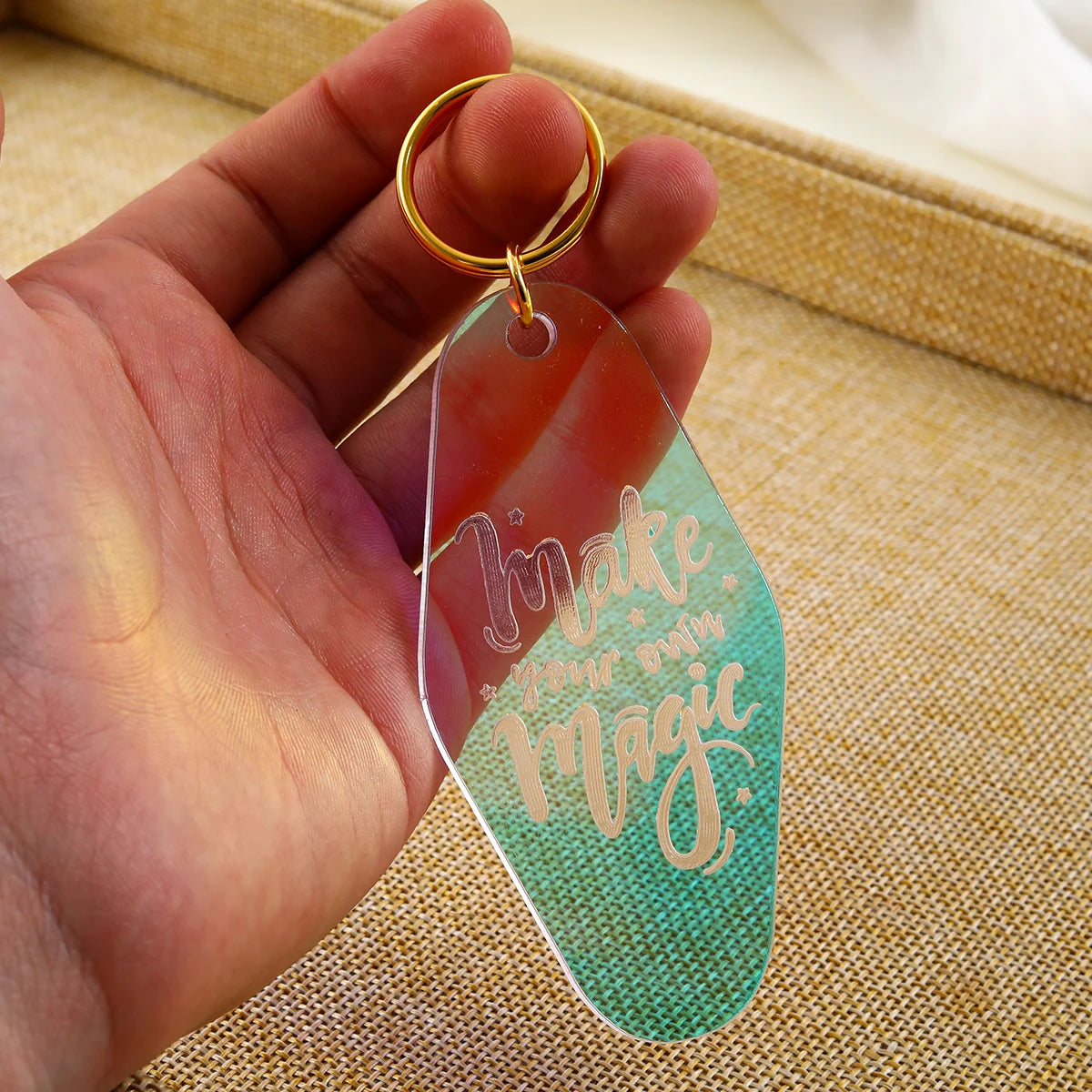 Custom Design Laser Engraving Blank Iridescent Motel Keychain