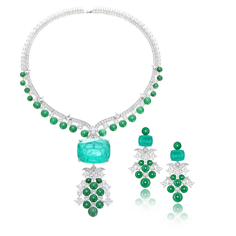 Exaggerated Luxury Paraiba Pendant Jewelry Green Emerald Zirconia Beads Tassel Special Pattern Design Necklace Earring  Set