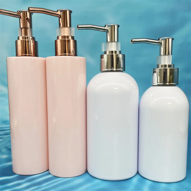 Pink White Cosmetic Packaging Rose Gold Shampoo Lotion Bottle with Silver Gold Liquid Pump 100ml 150ml 250ml 500ml for Hotel