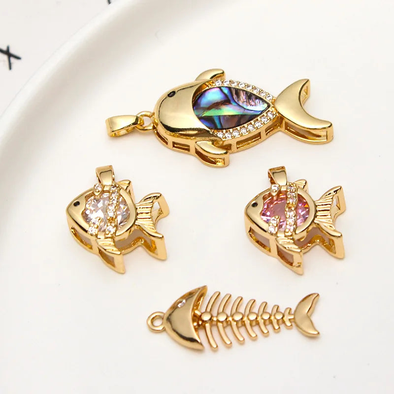 Shiny Brass Gold CZ Whale Small Goldfish Fish Bone Pendant for DIY Material Craft Supplies