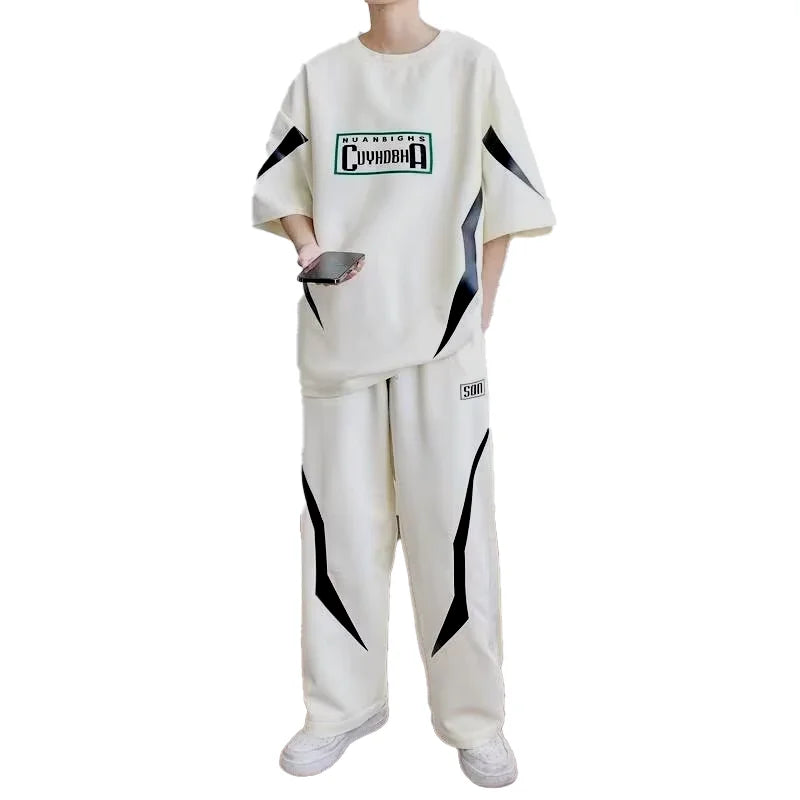 M-8XL Plus Size Fashion New Summer Casual Sports Short Sleeve + Trousers Two-piece Loose Men's Sports Suit