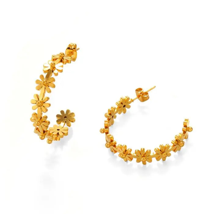 Fashion Stainless Steel 18K Gold Plated Flower C Shape Earrings New Statement Earring Jewelry