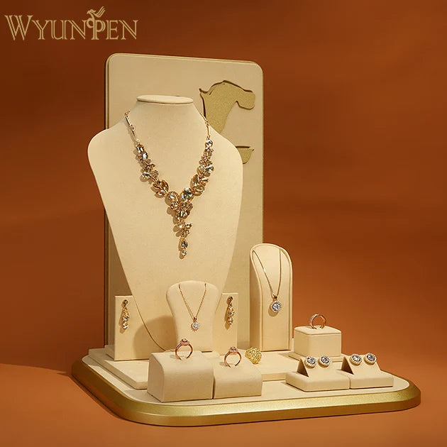 WYP Luxury Classic Suede Leather  Covered Jewelry Display Stand for Earrings Ring Necklace Jewelry Display Set