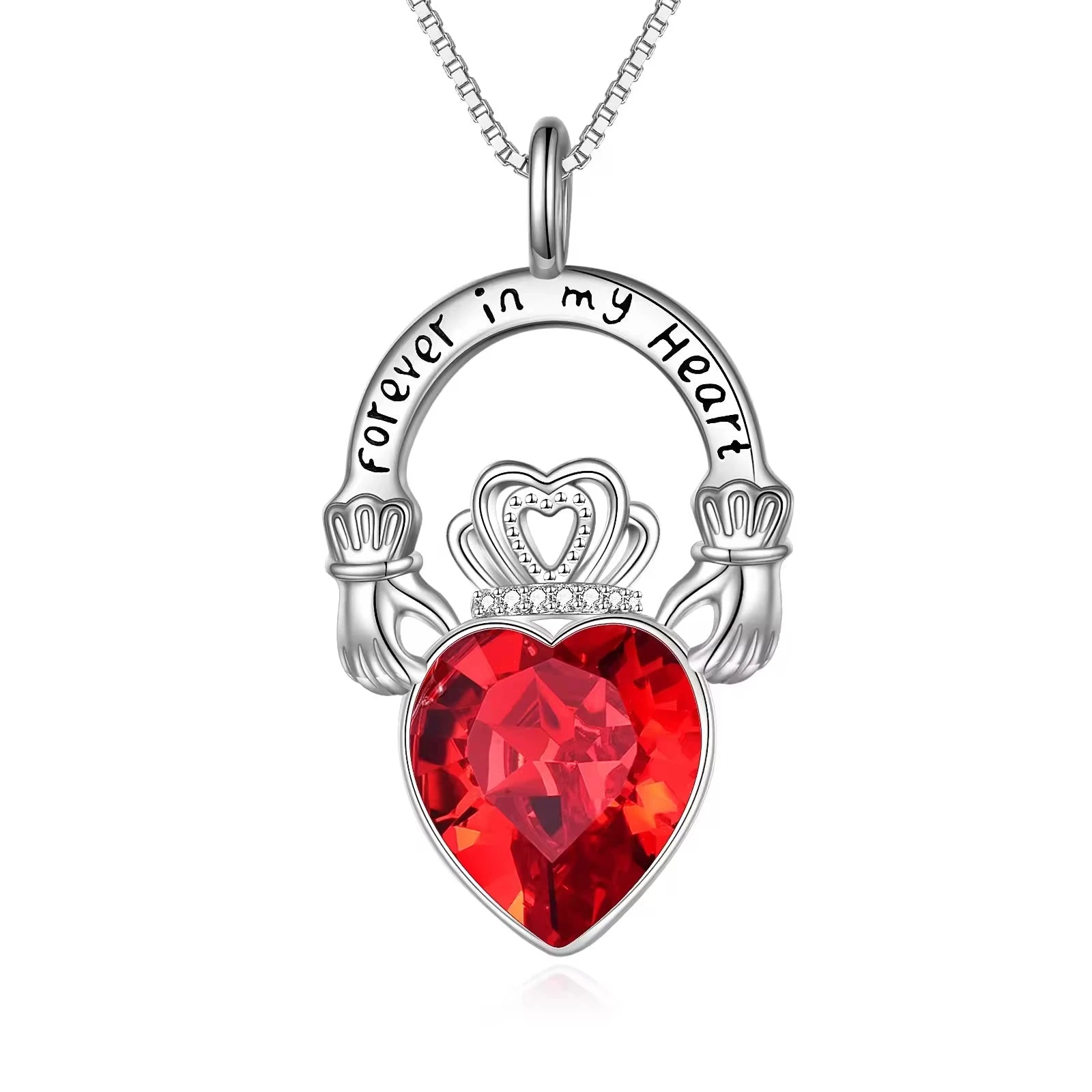 Fine Jewelry 925 Sterling Silver Claddagh Engraved Crown Red Heart Crystal Pendant Necklace
