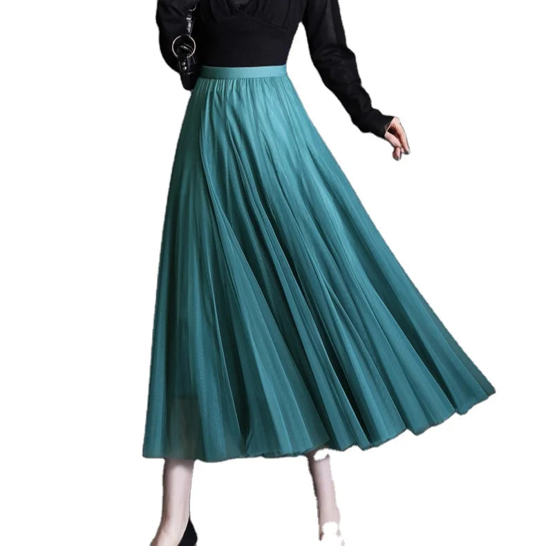 2024 Korean Style Midi Long Tulle Skirts Womens Summer Elastic High Waisted Maxi Skirts Femme a Line Mesh Fashion Skirt 50%