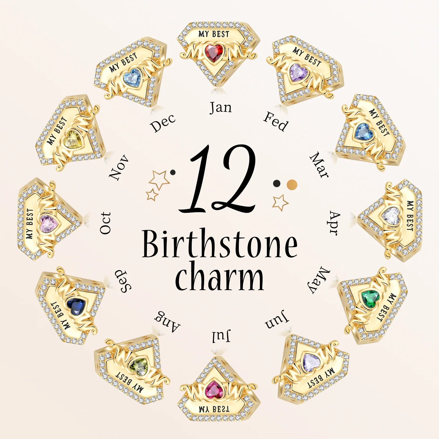 MY BEST MOM 100% 925 Sterling Silver Zircon Rhombus Cz Crystals 12 Birthstone Charm