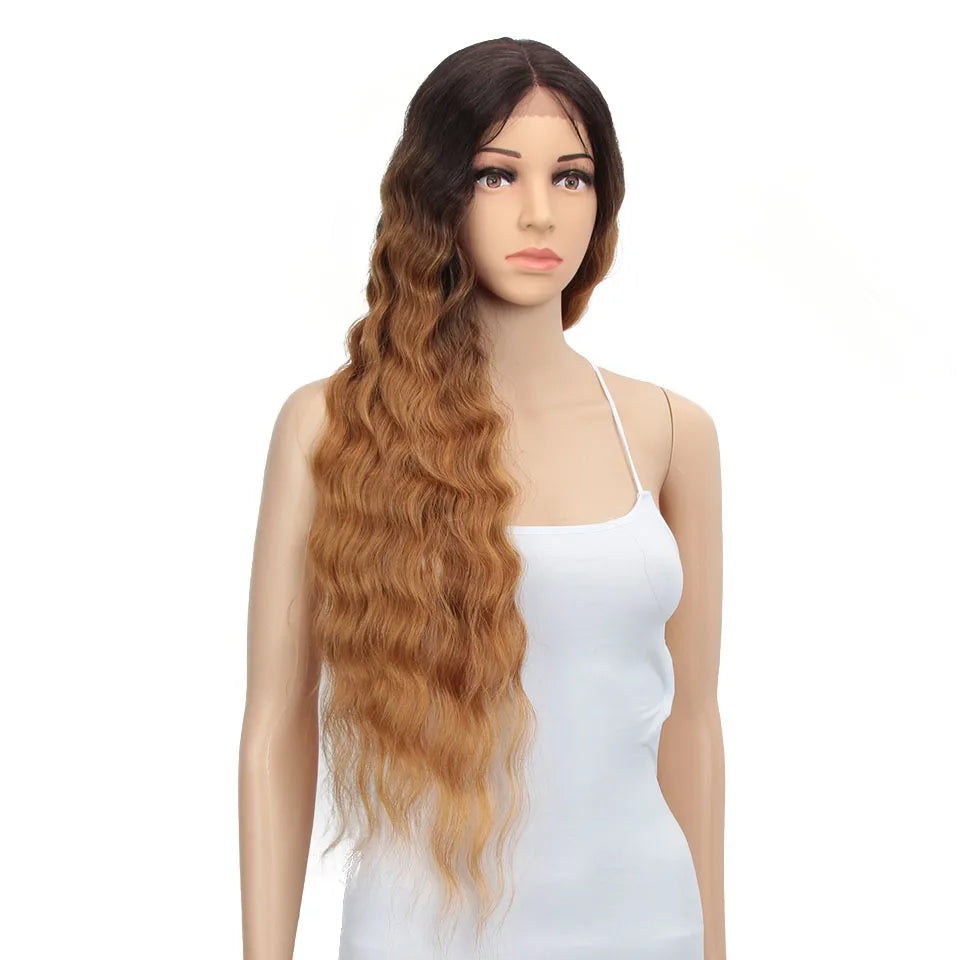 Hot Selling 31 Inch Synthetic Lace Front Wig Ombre Gold Cosplay Water Wave Lace Front Synthetic Wig for Black Women