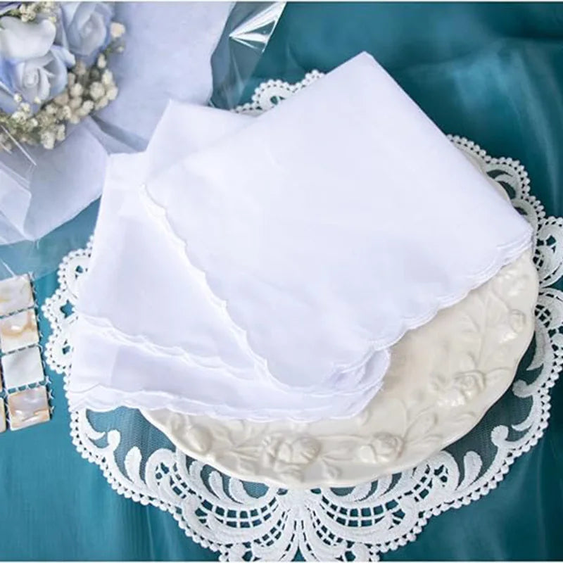 2024 New Flower Edge Custom Embroidered Logo Men's Handkerchiefs 12 Inches Square White Cotton Handkerchief for Mens