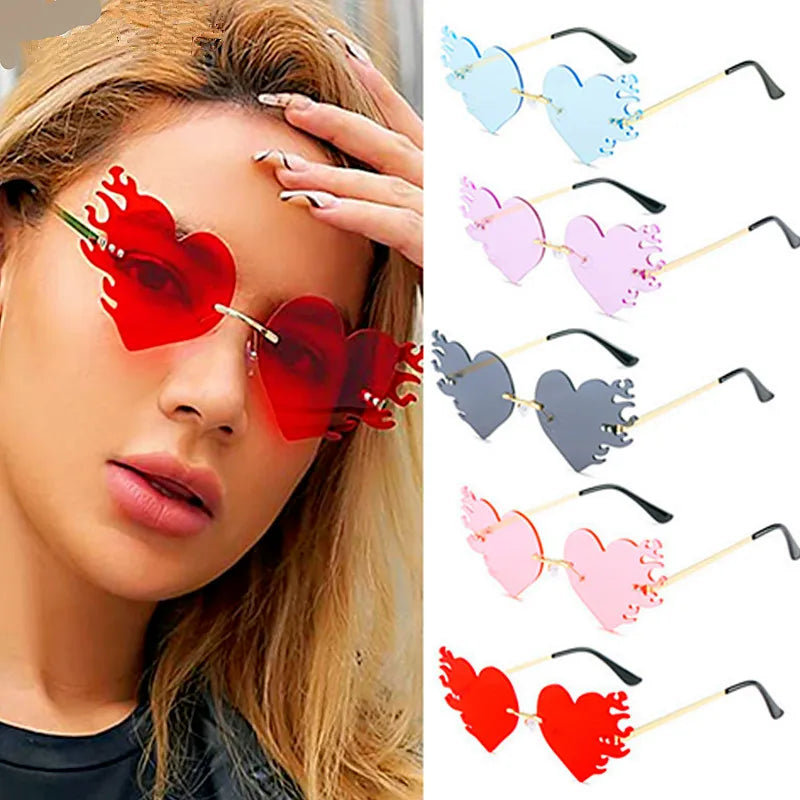 2025 Rimless Heart Flame Personalized UV400 Eyeglasses Oculos De Sol Feminino Heart Shape Fire Flame Sunglasses Women