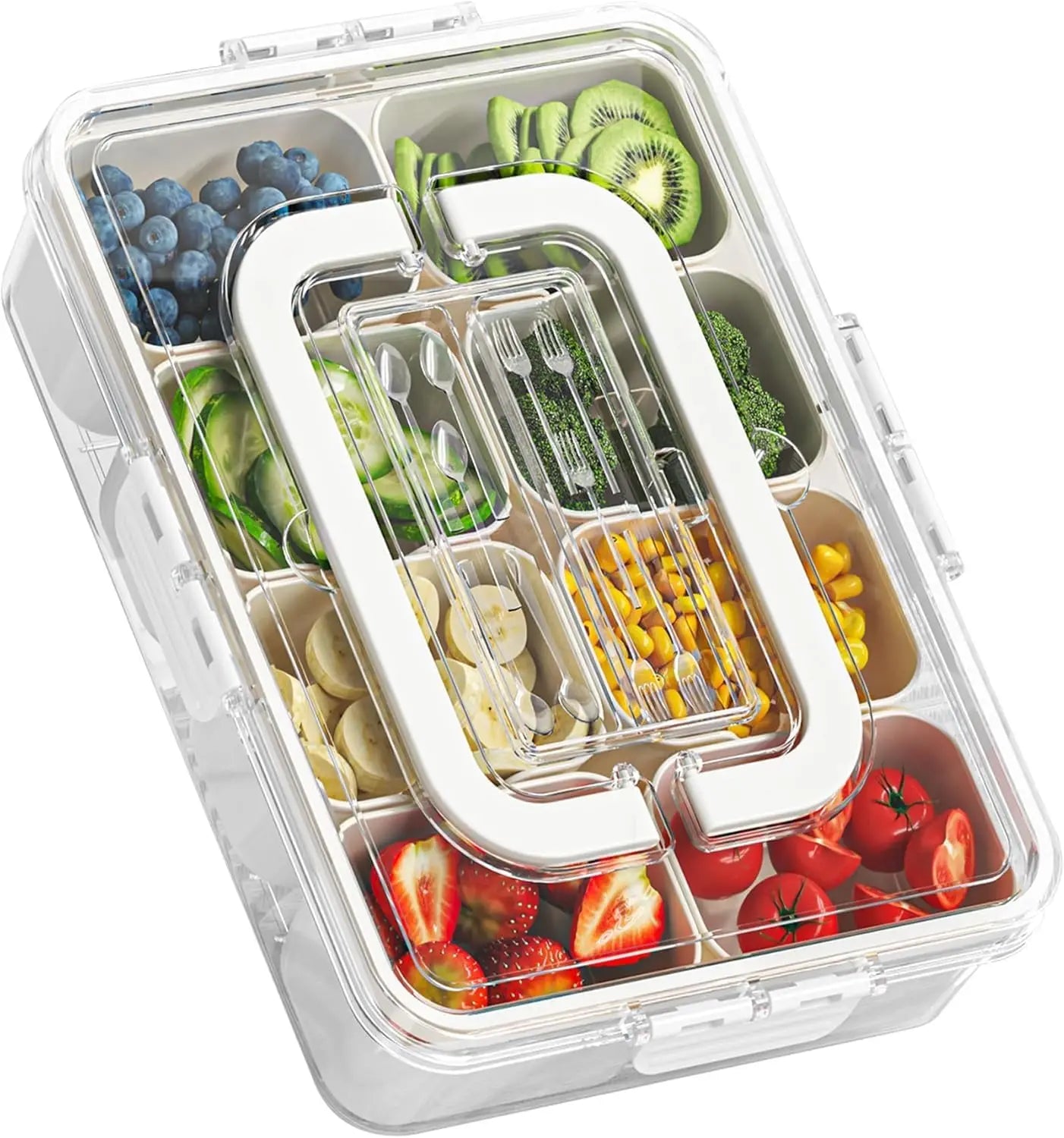 OWNSWING  8 Compartment White Plastic Divided Snack Serving Tray with Lid and Handle for Party Travel and Picnic