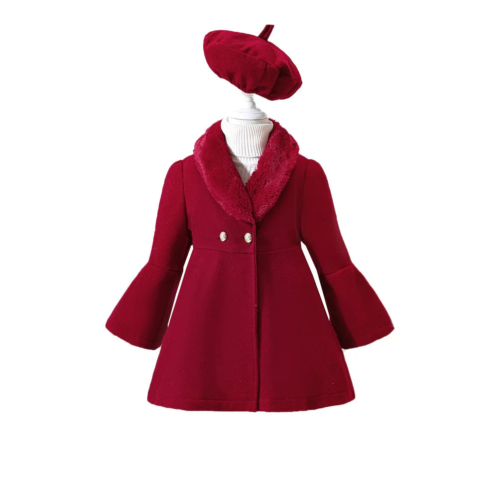 90-130cm Girls' Winter Solid Color Patchwork Fur Collar Woolen Coat Jacket