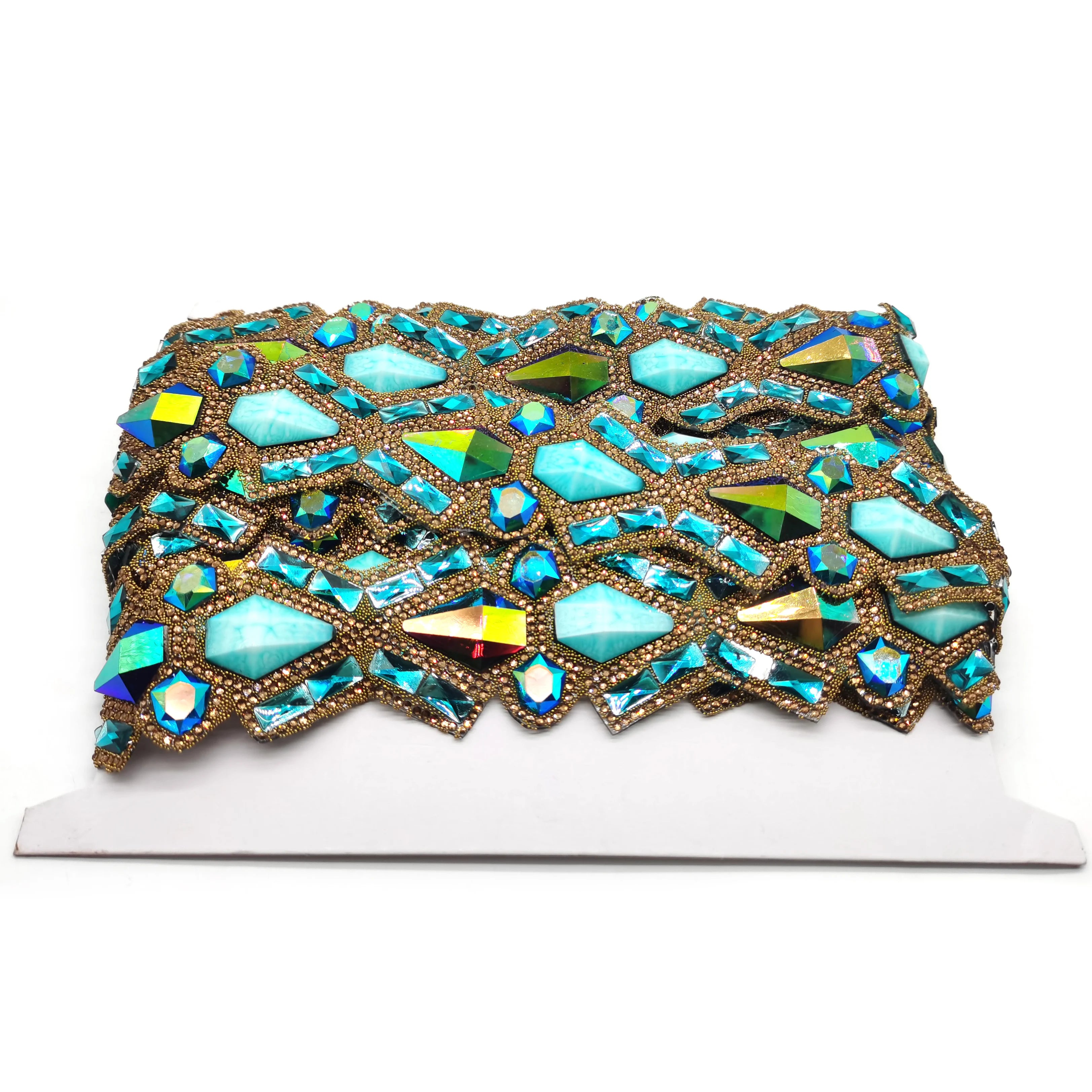 Customized Aquamarine Blue Iron-On Heat Transfer Applique Trim Resin Rhinestone Banding Garment Accessory for Carnival Costume