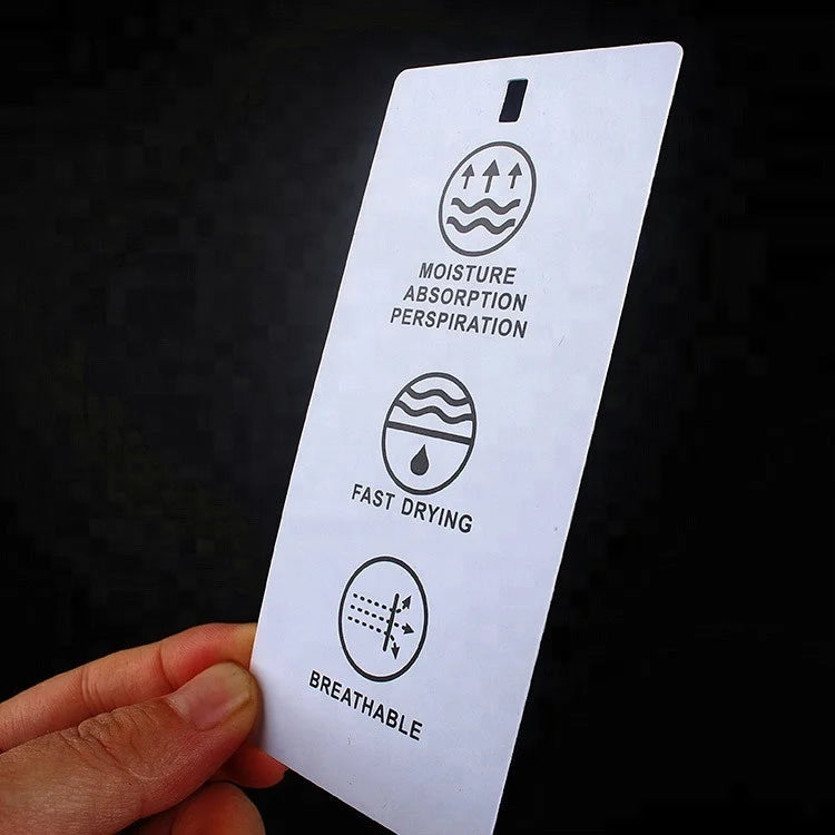 Plastic GarmentTags Manufacturer Custom Screen Printed Instruction Icons Logo White PVC Hang Tags for Clothing