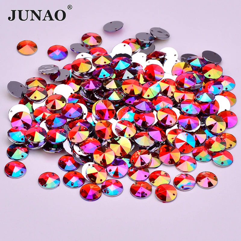 JUNAO Factory Top Quality 10mm Red AB Crystal Rivoli Sewing Flatback Rhinestones Applique for Wedding Dress