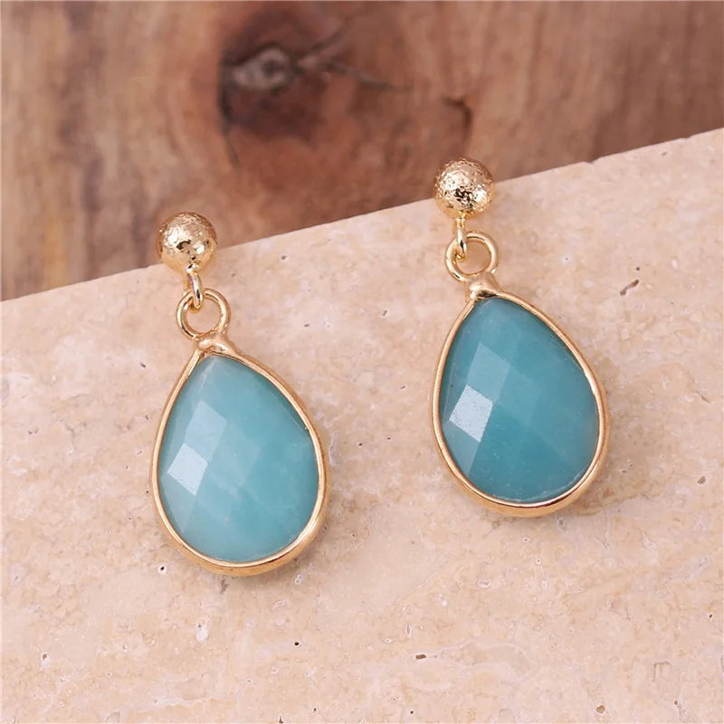 Trendy Gemstone Small Teardrop Dangle Stud Earrings Gold Natural Stone Drop Earrings for Women Luxury Jewelry Wholesale