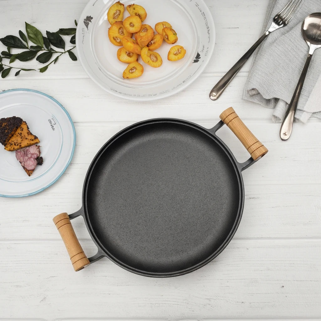 Success Wholesale High Quality Cast Iron Pancake Pan Non Stick With Double Ear Wooden Handle Pan