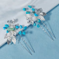 Fashion Blue Stone Bridal Hair Accessories Handmade Metal Leaf Crystal Wedding Women Hair Pins Headpieces 2 Pieces Set