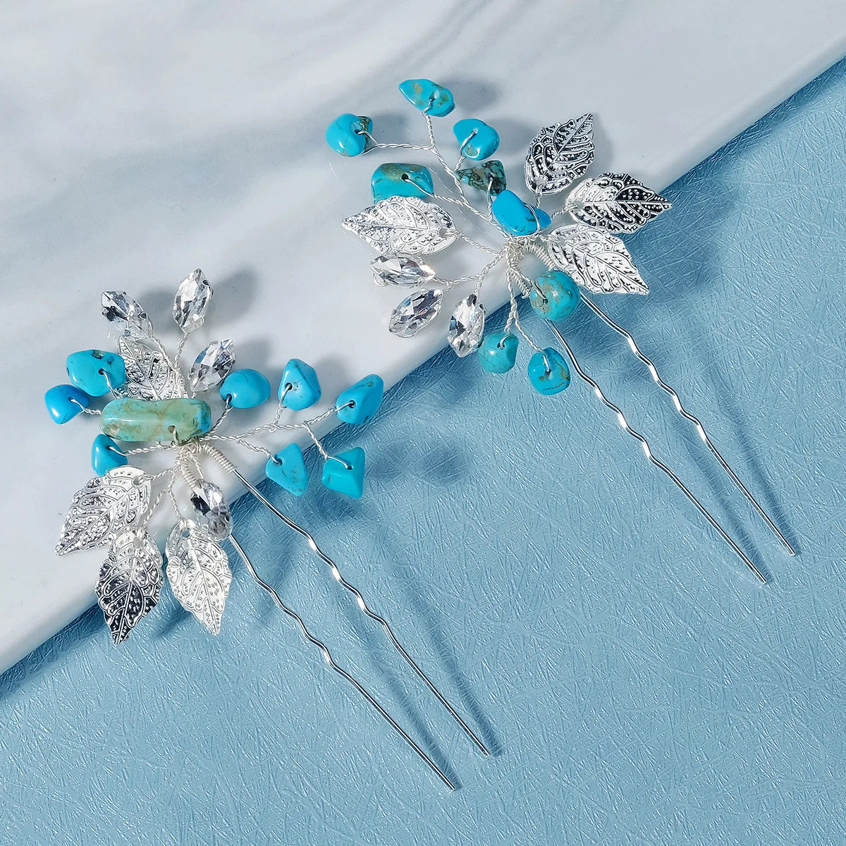 Fashion Blue Stone Bridal Hair Accessories Handmade Metal Leaf Crystal Wedding Women Hair Pins Headpieces 2 Pieces Set