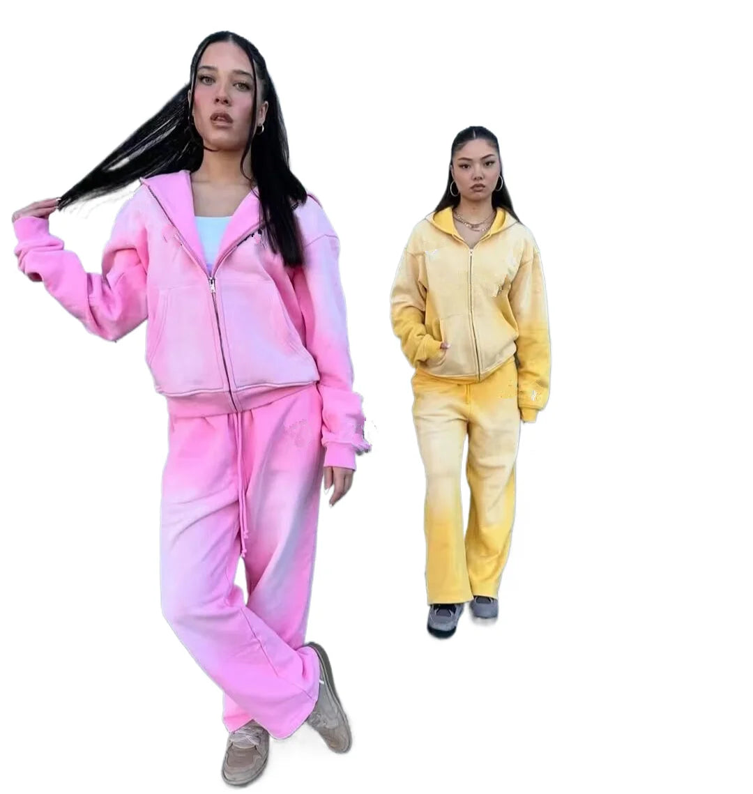 KY Sun Faded Wash Premium Sweatsuits for Women Sets 2 Piece Femme Sweatsuits 400gsm