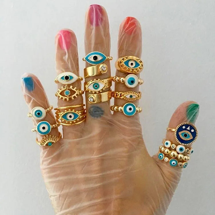 Gold Plated Jewelry Turkish Devil Eyes Band Finger Ring Rhinestone Crystal Enamel Blue Demon Eye Rings