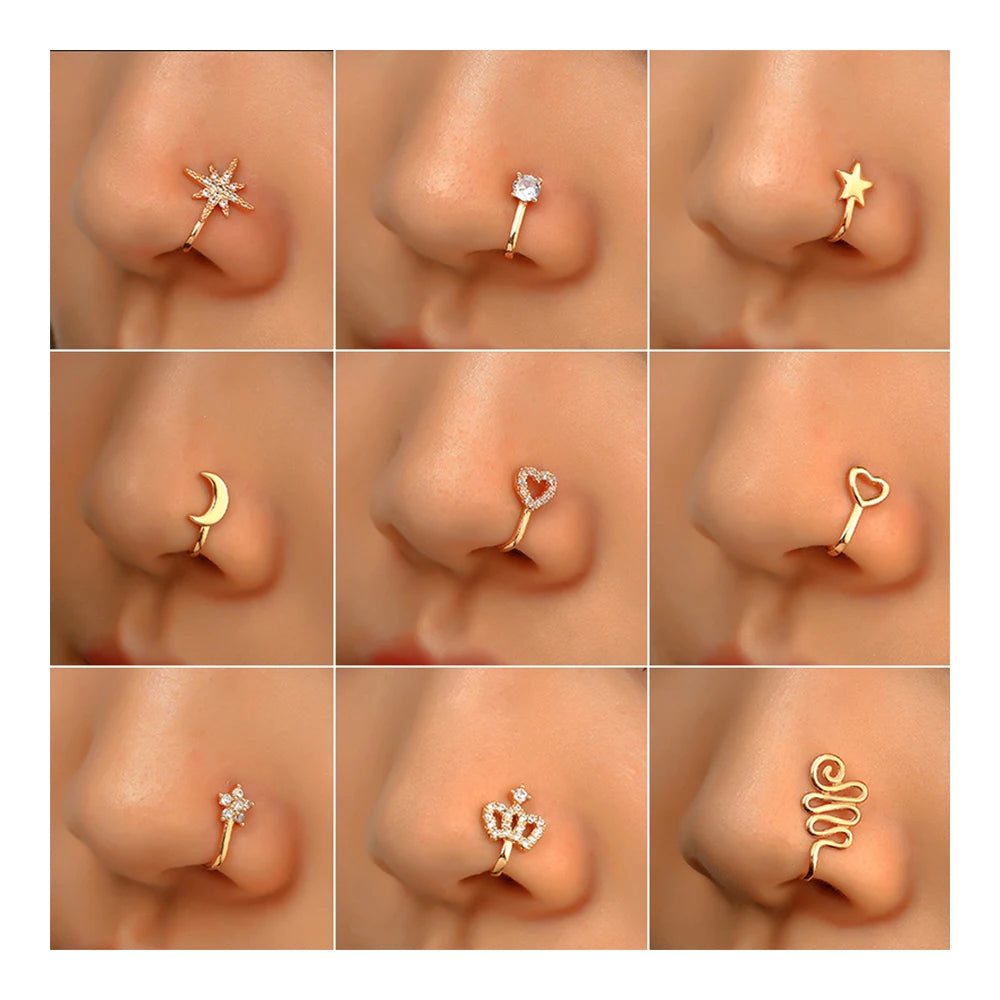 Fashion Creative Copper Nose Splint U-Shaped with Gold Plating Butterfly Flower Snake-Shaped Fake Nose Studs for Weddings