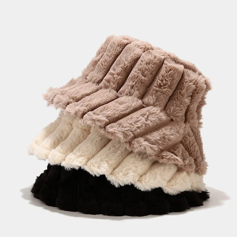 Winter New Fashionable Striped Bucket Hats for Men Women 3D Embroidered Soft Plush Thick Warm Panama Caps for Skiing Outdoor