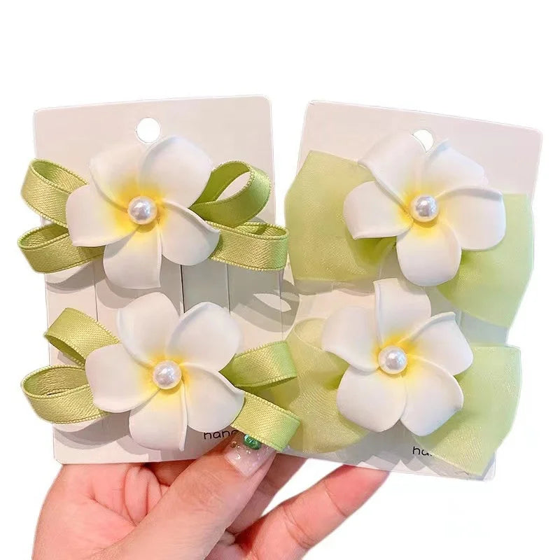 MIO Large Artificial Plumeria Hair Clip Bowtie Pearls Hair Tie Accessories Various Styles with Long Tassel for Kids Girls