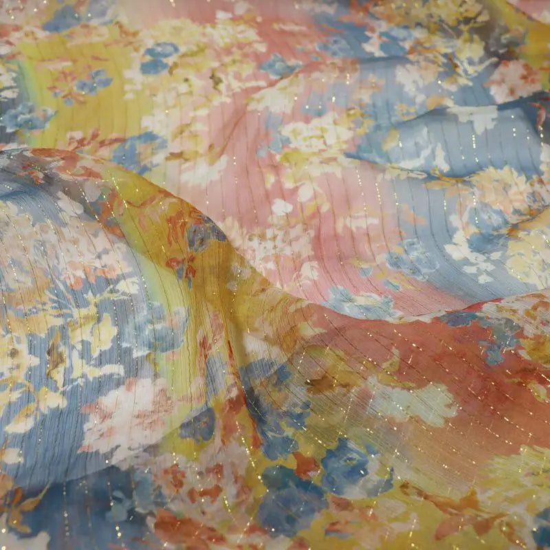 China Factory Comfortable Soft Organic Silk Crinkle Chiffon Metallic Fabric Flowers 54" Gold Line for Lady Scarves