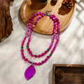 Fashion Bohemian Vacation Style Women Jewelry Multilayer Natural Stone Striped Agate Hematite Bead Necklace Leaf Shaped Pendant