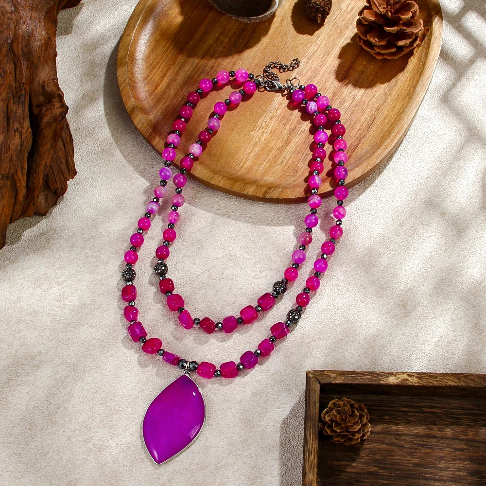 Fashion Bohemian Vacation Style Women Jewelry Multilayer Natural Stone Striped Agate Hematite Bead Necklace Leaf Shaped Pendant