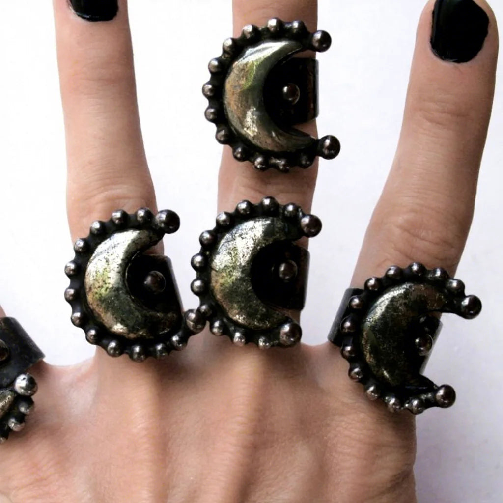 RM43256 Natural Pyrite Crescent Moon Finger Ring Pyrite Crystal Moon Adjustable Witch Wicca Statement Jewelry