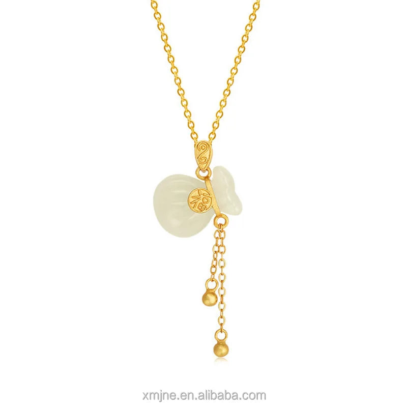 Certified S925 Silver Plated Ancient Gold Inlaid Jade Natural Hetian Jade Tassel Blessing Bag Necklace Blessing Word Money Bag