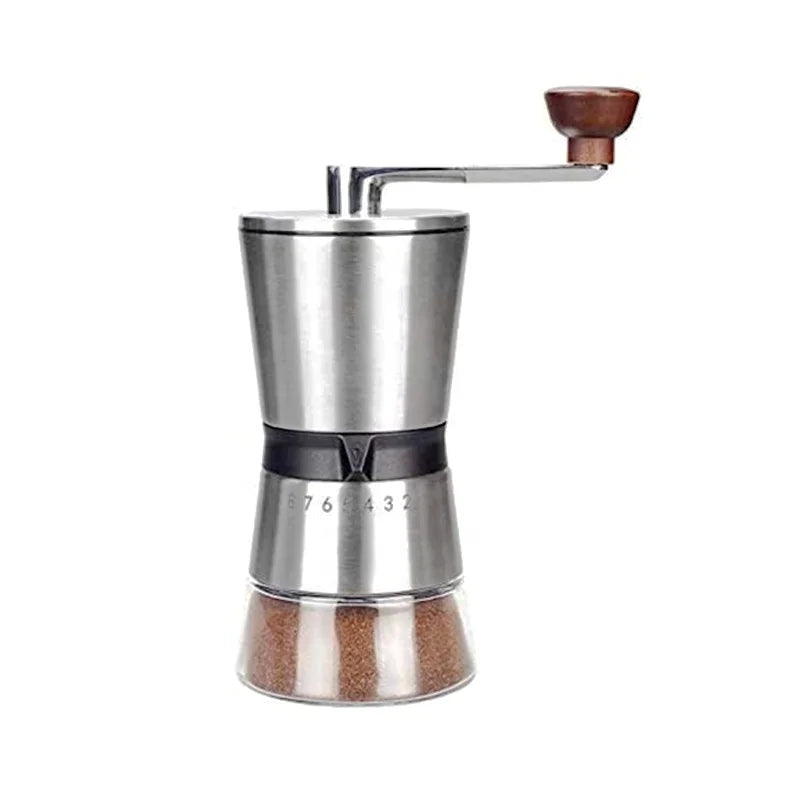 Adjustable Stainless Steel Conical Ceramic Burr Hand Mill Portable Manual Coffee Grinder with Glass for Home Use