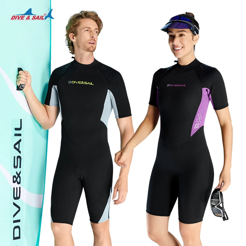 DIVE&SAIL 3mm Neoprene One-piece Short Sleeves Back Zipper Soft Underwater Diving Suits Wetsuit for Swimming
