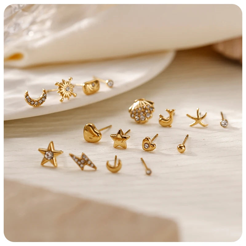 Fashion Women Jewelry Stainless Steel Zircon Dainty Small Moon Earrings Set of 4 Geometric 18K Gold Plated Stud Earrings
