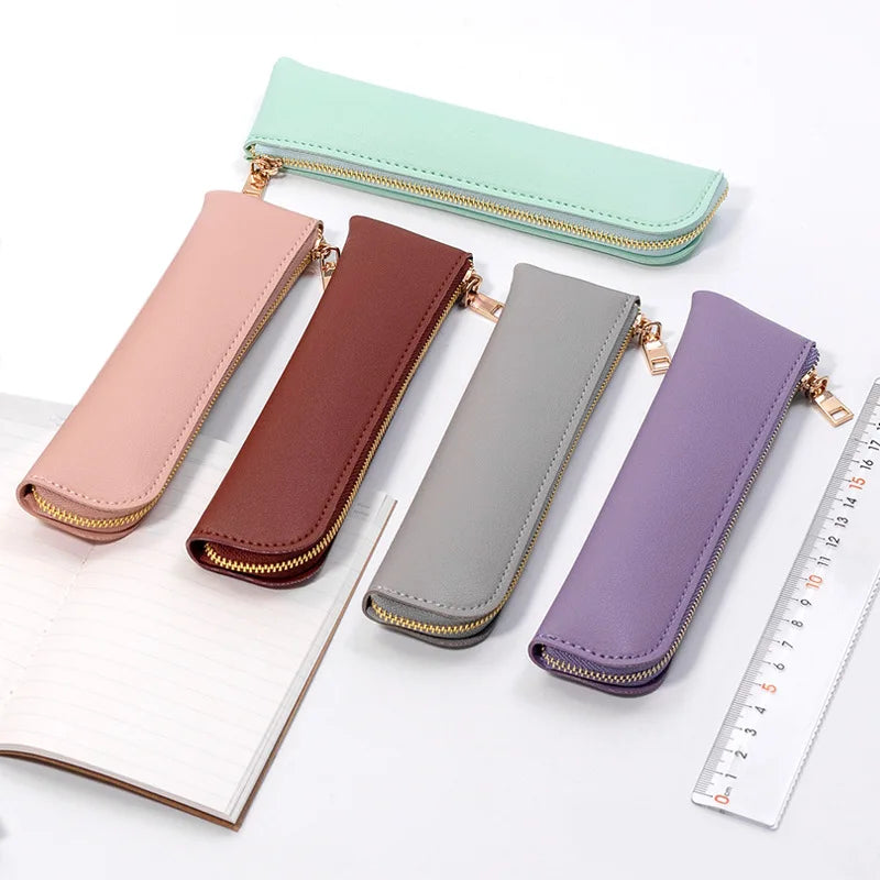 Quick Shipping Leather Pencil Case Girls Boys Leather Pen Pouch Students Office Black Blue Stationery Bag Leather