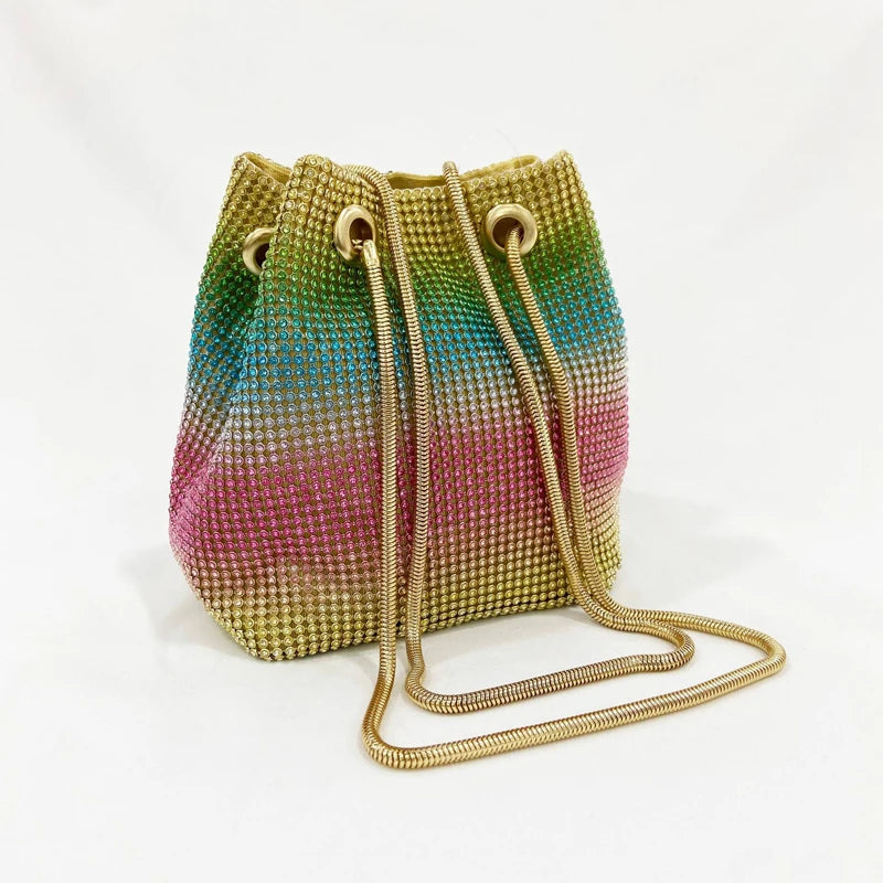 Rainbow Color Soft Bling Bling Luxury Diamonds Evening Bag With Chain and Rhinestone Set Colorful Shoulder Bag Shiny Bucket Bag