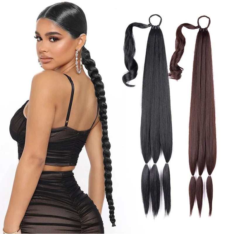 High Temperature 32inch Synthetic Braided Ponytail Extensions Long Black Hairpiece Pony Tail with Hair Tie