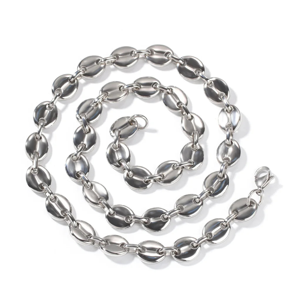 Chunky 7.4mm Coffee Beans Link Chain Necklace Stainless Steel Gold Hip Hop Trendy Geometric Pattern Featuring Pig Anniversaries